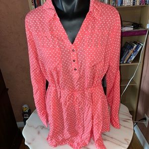 Motherhood Maternity Blouse Large Pink white Polka Dot V-Neck Empire Waist nwt